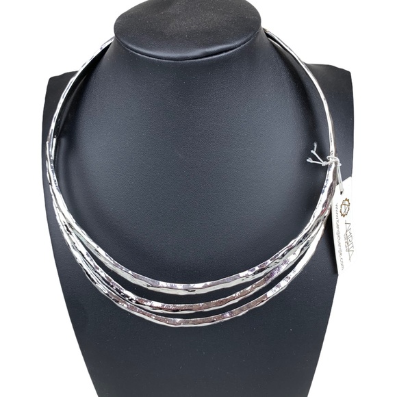 Silver Hammered 3 Row Tiered Collar Necklace - Picture 4 of 11